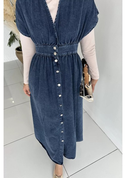 V Yaka Boydan Düğmeli Jean Kot Tesettür Elbise P-00018906 modelleri