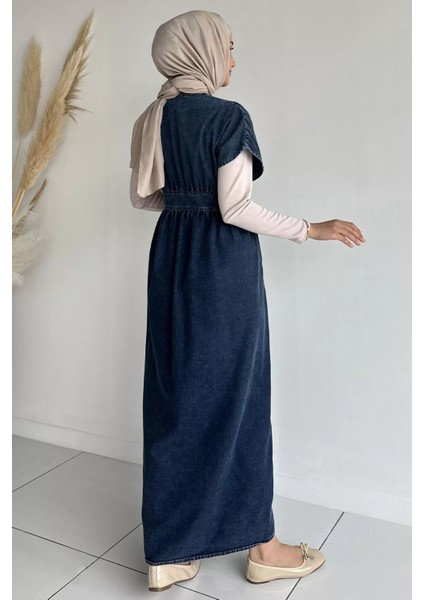 V Yaka Boydan Düğmeli Jean Kot Tesettür Elbise P-00018906 fırsatları