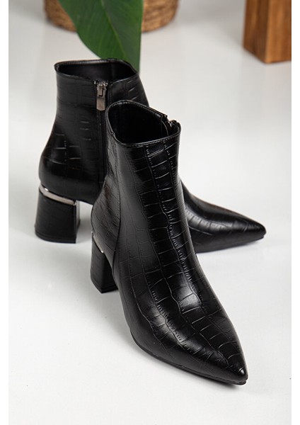 Meça Premium Kroko Desen Siyah Topuklu Bot