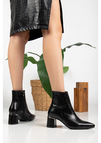 Meça Premium Kroko Desen Siyah Topuklu Bot fırsatları