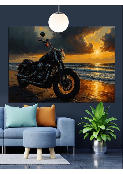 Motorsiklet ve Günbatımı Manzara Dekoratif Kanvas - Mdf Ahşap Tablo
