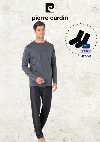 Erkek %100 Pamuk Uzun Kollu Lisanslı Füme Pijama Takımı (2 Adet Hediye Çorap) L1.PC.6095.001