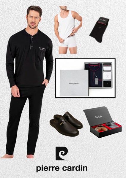 Kutulu Çeyizlik Penye Pijama Takımı & Atlet - Boxer & Çorap & Deri Terlik Set & Kemer Cüzdan Seti