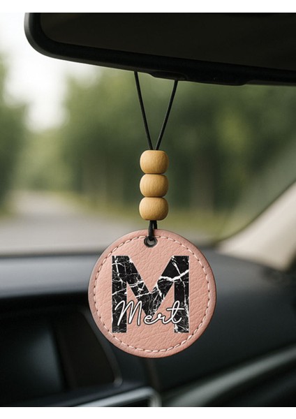 Kişiye Özel Isim Yazılı 1.sınıf Deri Ahşap Dekorlu Dikiz Aynası Süsü Pudra Pembe - M Harfi