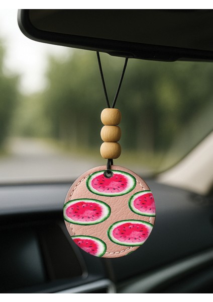 Tasarım Deri Süslemeli Desenli Tematik Dikiz Araç Aynası Süsü Açık Pembe - Karpuz