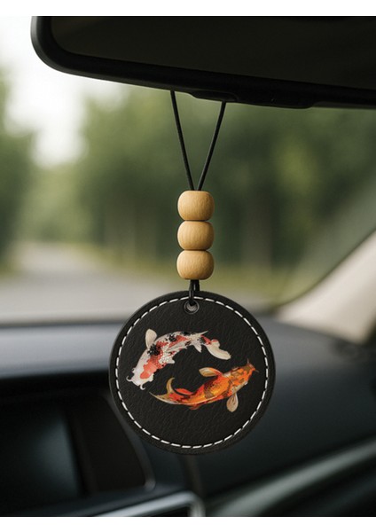 1.sınıf Suni Deri Süslemeli Desenli Uv Baskı Dikiz Araç Aynası Süsü Siyah - Koi Fish