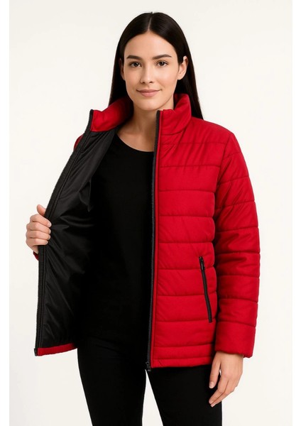 Kadın Kırmızı Su İtici Mikro Kumaş Astarlı Fermuarlı Cepli Bomber Şişme Mont Kışlık Rahat Kesim