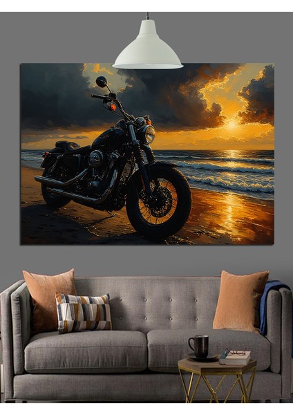 Motorsiklet ve Günbatımı Manzara Dekoratif Kanvas - Mdf Ahşap Tablo fırsatları