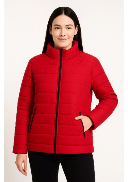 Kadın Kırmızı Su İtici Mikro Kumaş Astarlı Fermuarlı Cepli Bomber Şişme Mont Kışlık Rahat Kesim fırsatları
