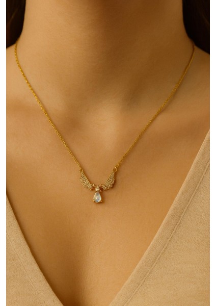 Turkuaz Taşlı Melek Kanatlı Çelik Kolye