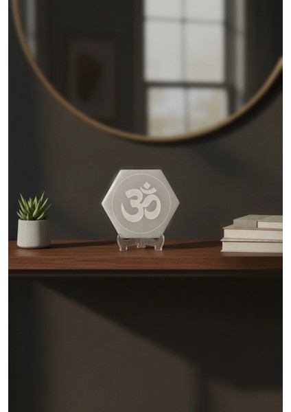 Ohm Sembolü Enerji Yükleyici Beyaz Selenit Altıgen Plaka 58AO