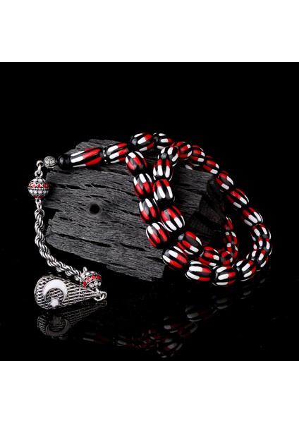 925 Ayar Gümüş Mineli Püsküllü Kırmızı Beyaz Renk Ateş Kehribar Tesbih