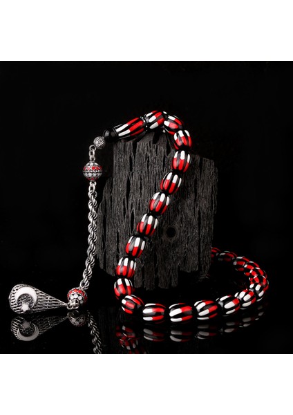 925 Ayar Gümüş Mineli Püsküllü Kırmızı Beyaz Renk Ateş Kehribar Tesbih fiyatları