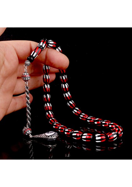 925 Ayar Gümüş Mineli Püsküllü Kırmızı Beyaz Renk Ateş Kehribar Tesbih modelleri