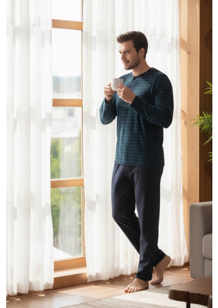 Yakası Düğmeli %100 Pamuk Erkek Penye Pijama Takımı 9710 Koyu Yeşil fiyatları