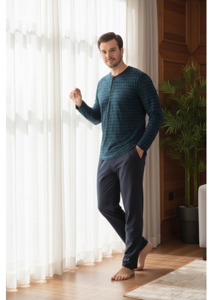 Yakası Düğmeli %100 Pamuk Erkek Penye Pijama Takımı 9710 Koyu Yeşil modelleri