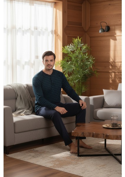 Yakası Düğmeli %100 Pamuk Erkek Penye Pijama Takımı 9710 Koyu Yeşil fırsatları