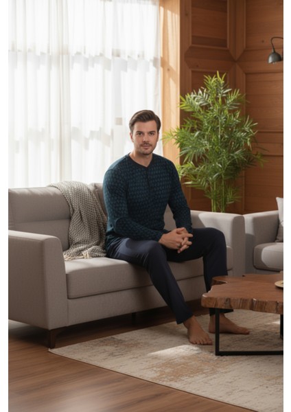 Yakası Düğmeli %100 Pamuk Erkek Penye Pijama Takımı 9710 Koyu Yeşil indirimleri