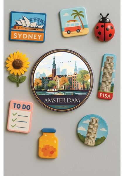 Modern ve Dekoratif Yuvarlak Buzdolabı Magneti Magnet Büyük Boy 10X10 cm - Amsterdam