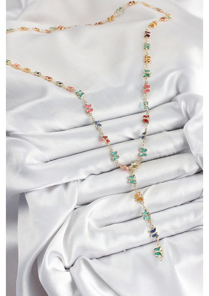 Bfs Pirinç Renkli Zirkon Taşlı Kelebek Model Gold Renk Kadın Y Kolye