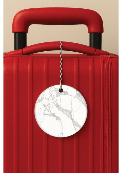 Desenli Baskılı Pleksi Zincir Aparatlı Bavul Etiketi Valiz Etiketi Beyaz Mermer