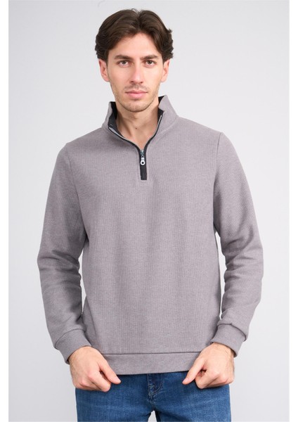 Çetinkaya Mentality 4412 Erkek Fermuarlı Dik Yaka Selanik Sweatshirt Açık Gri