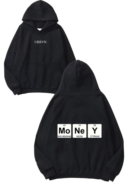 Money Element Tasarım Baskılı Oversize Siyah Kapüşonlu Sweatshirt