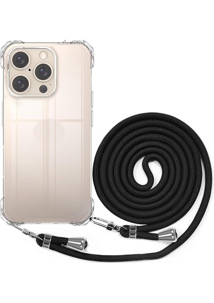 16 Pro Max Kılıf Köşe Korumalı Şeffaf Silikon Boyun ve Omuz Askılı Ipli Telefon Çantası Ipi