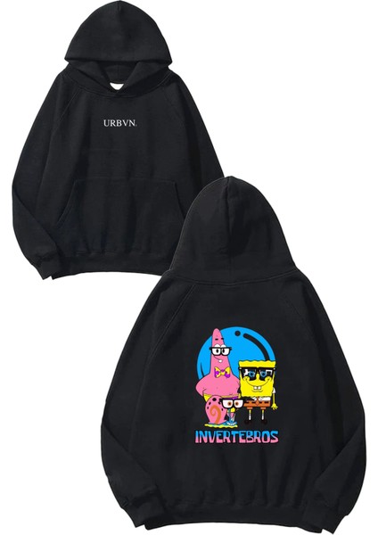 Invertebros Tasarım Baskılı Oversize Siyah Kapüşonlu Sweatshirt