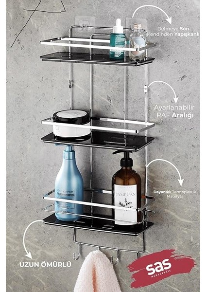 Haus Yapışkanlı Ömür Boyu Paslanmaz Ayarlanabilir Raf Banyo Düzenleyici Şampuanlık Krom-Siyah Lş-03 modelleri