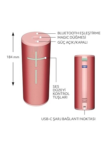 Ears Boom 4 Taşınabilir Su Geçirmez Bluetooth Hoparlör, 360 Derece, Güçlü, Sürükleyici, Kristal Netliğinde Ses, 15 Saatlik Pil Ömürlü ve 45M Kullanım Mesafeli Batmaz Hopalör, Pembe modelleri