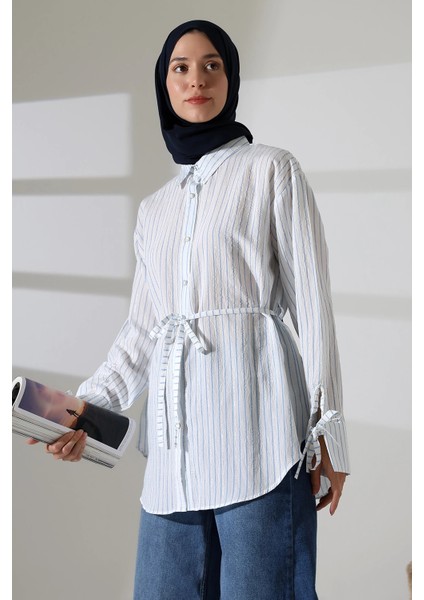 Kadın Modal Dokuma Kumaş Mavi Tesettür Gömlek