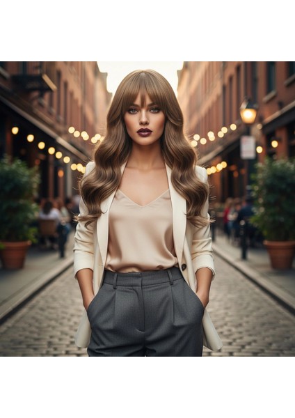 Dalgalı Perçemli Fiber Sentetik Orta Boy Peruk - Bebek Kumralı