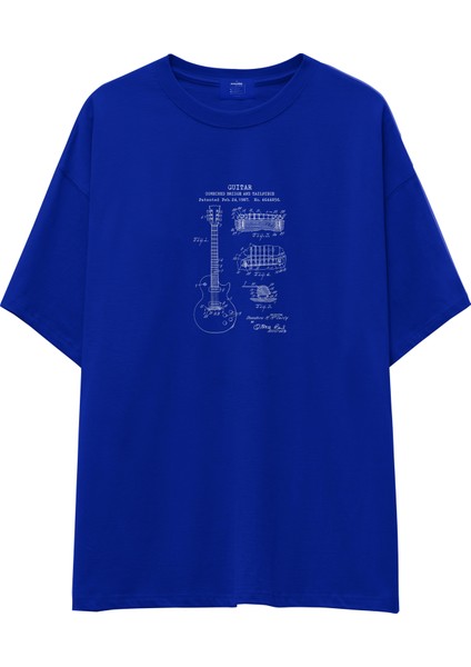Gibson Les Paul Gitar Oversize Tişört - Mavi