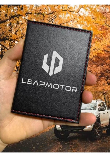 Leap Motor Desenli Ruhsat Kabı Logolu Oto Ruhsat Kılıfı Vinleks Deri Dikişli Araç Ruhsat Koruyucu