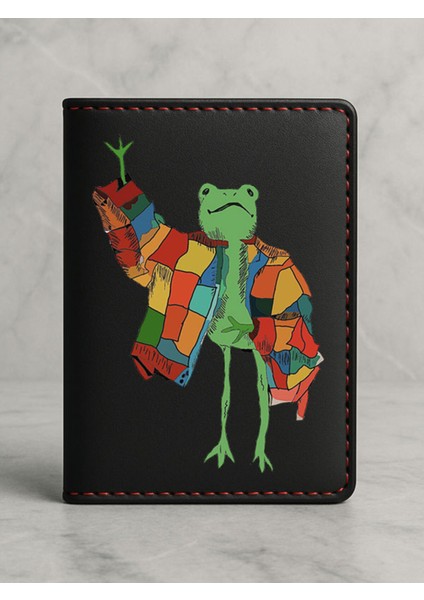 Ruhsat Koruyucu Baskılı Kart Bölmeli Siyah Vinlex Deri Ruhsat Kabı Kılıfı Modacı Kurbağa