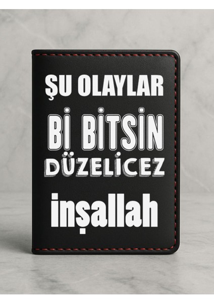 Ruhsat Koruyucu Baskılı Kart Bölmeli Siyah Vinlex Deri Ruhsat Kabı Kılıfı Düzelicez Inşallah
