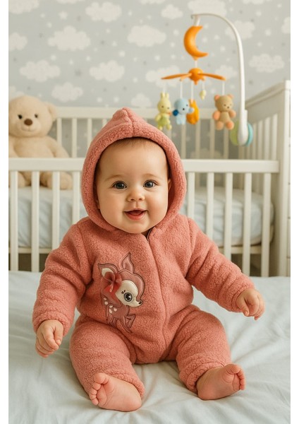 3-12 Ay Sevimli Hayvan Nakış Işlemeli Kapşonlu Fermuarlı Ekstra Yumuşak Welsoft Kuzu Tulum