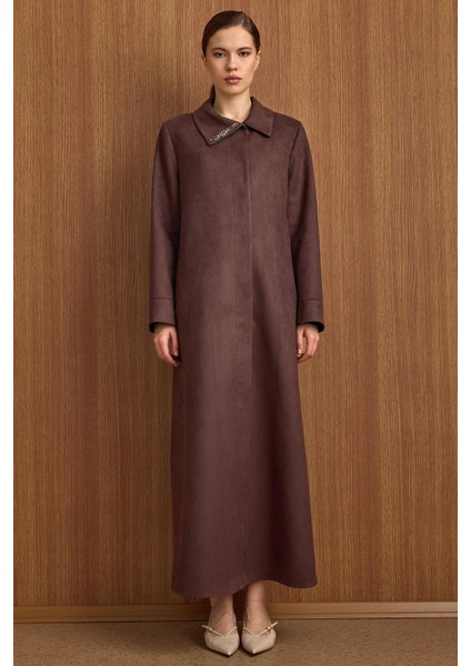 Devrik Yaka Taş Detaylı Süet Görünümlü Büyük Beden Pardesü Kahve 6795