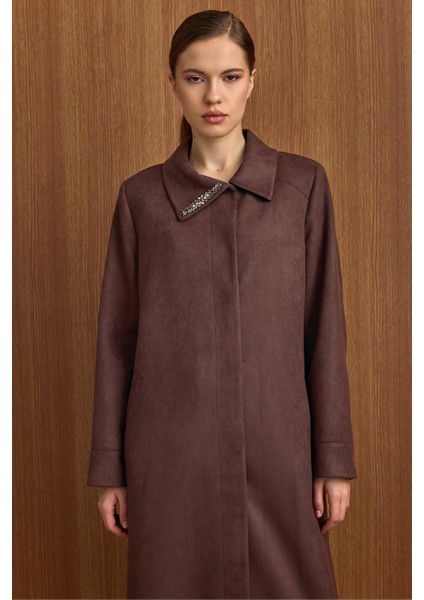 Devrik Yaka Taş Detaylı Süet Görünümlü Büyük Beden Pardesü Kahve 6795 fiyatları