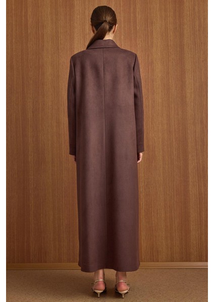 Devrik Yaka Taş Detaylı Süet Görünümlü Büyük Beden Pardesü Kahve 6795