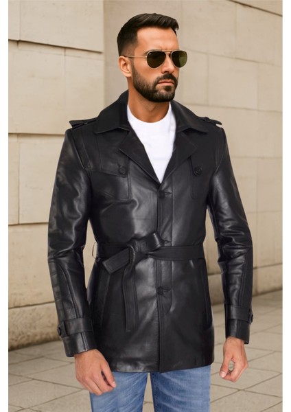 Valdes Hakiki Deri Erkek Siyah Kuşaklı Trençkot