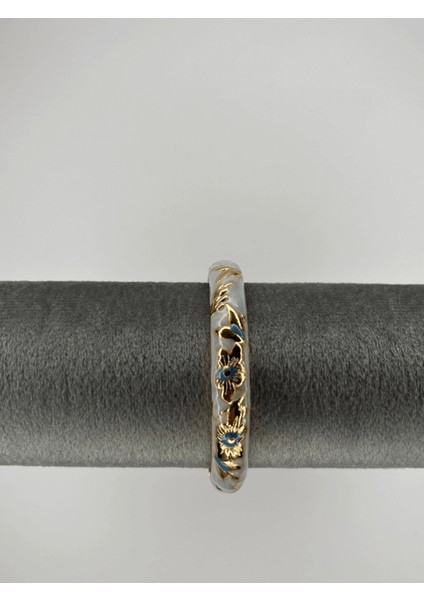 Beyaz Sedef Yansımalı Mavi Detaylı Gold Mineli Kelepçe Bilezik