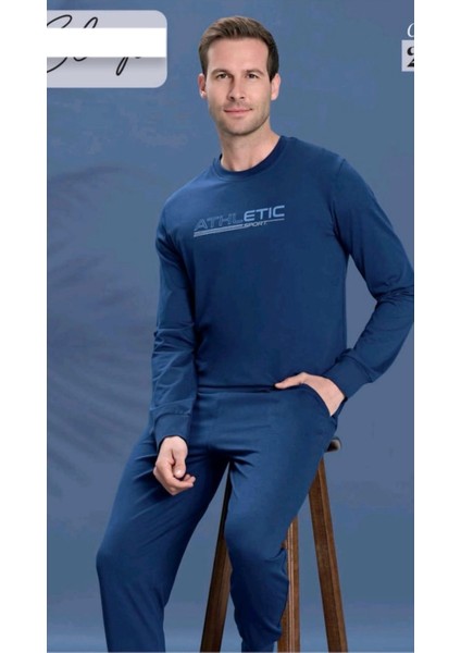 Erkek Mavi Renk Spor Cepli Pijama Takımı, Erkek Ev Giyim
