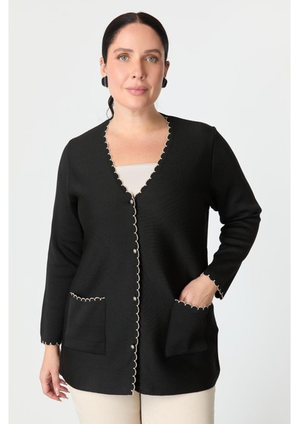 Büyük Beden Düğme Detay Triko Hırka-Siyah