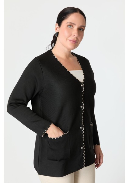 Büyük Beden Düğme Detay Triko Hırka-Siyah modelleri