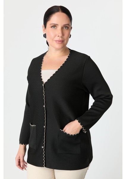 Büyük Beden Düğme Detay Triko Hırka-Siyah fırsatları