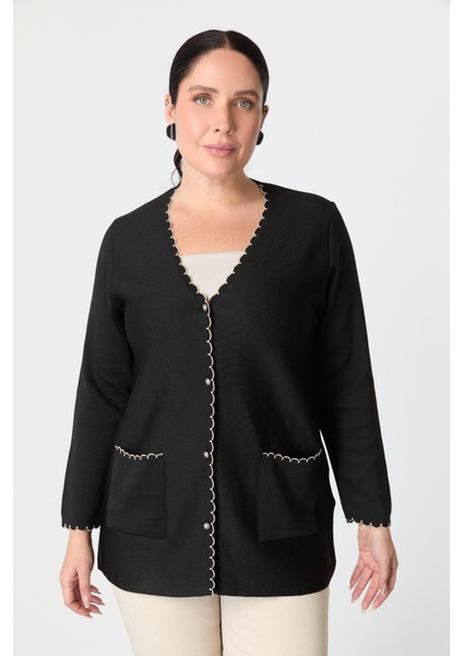 Büyük Beden Düğme Detay Triko Hırka-Siyah indirimleri