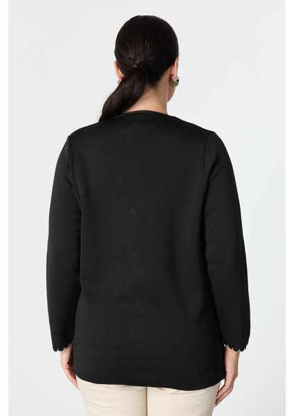 Büyük Beden Düğme Detay Triko Hırka-Siyah