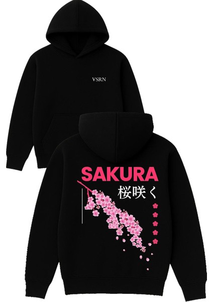 Sakura Pembe Tasarım Baskılı Oversize Siyah Kapüşonlu Sweatshirt